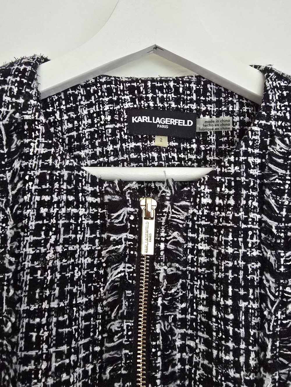 Karl Lagerfeld Black & White Tweed Zip Jacket, Size 2 - Picture 5 of 5